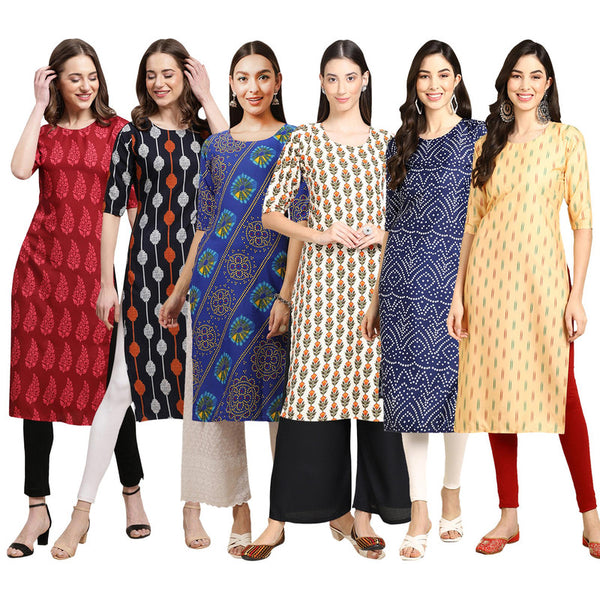 STYLISH CREPE MULTICOLOR PRINTED STRAIGHT SET OF 6 COMBO KURTA 337-330-391-352-366-360