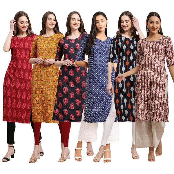 STYLISH CREPE MULTICOLOR PRINTED STRAIGHT SET OF 6 COMBO KURTA 337-333-345-353-330-389