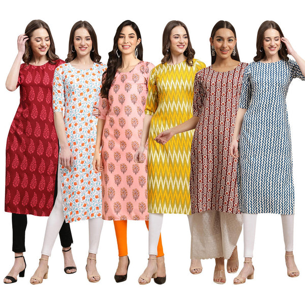 STYLISH CREPE MULTICOLOR PRINTED STRAIGHT SET OF 6 COMBO KURTA 337-334-368-329-389-331