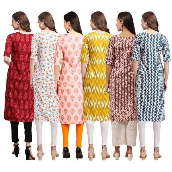 STYLISH CREPE MULTICOLOR PRINTED STRAIGHT SET OF 6 COMBO KURTA 337-334-368-329-389-331