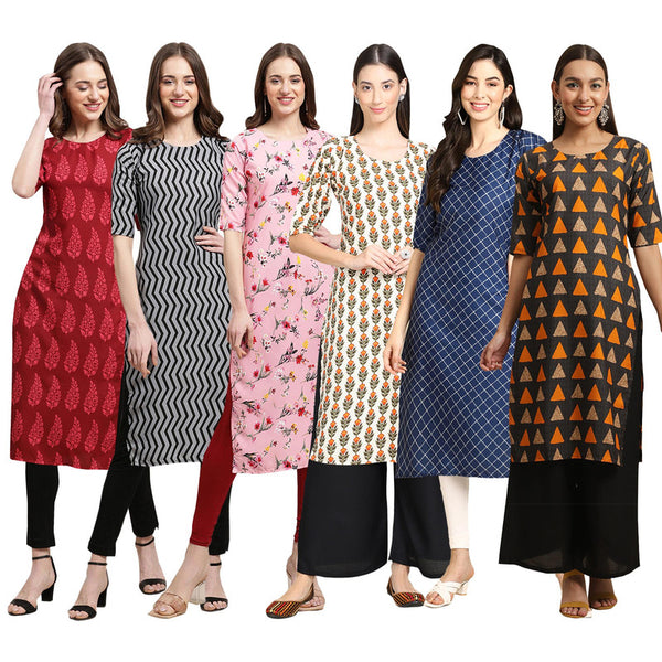 STYLISH CREPE MULTICOLOR PRINTED STRAIGHT SET OF 6 COMBO KURTA 337-336-339-352-364-387