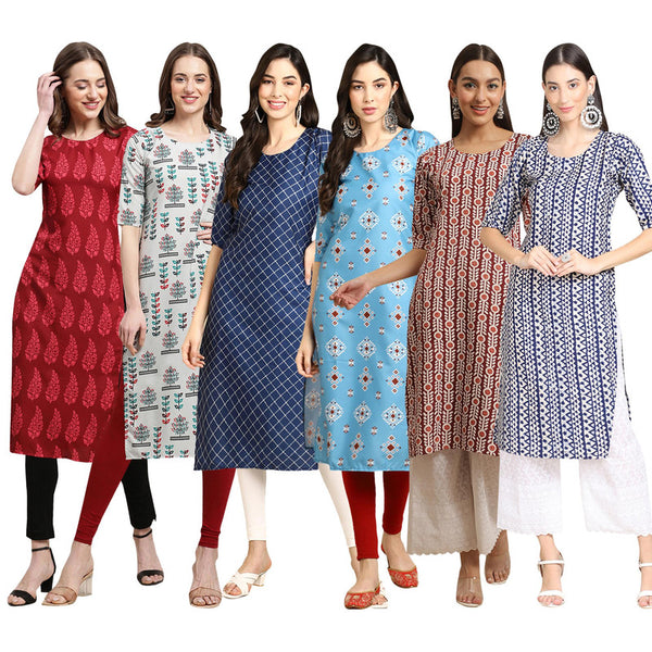 STYLISH CREPE MULTICOLOR PRINTED STRAIGHT SET OF 6 COMBO KURTA 337-340-364-361-389-348