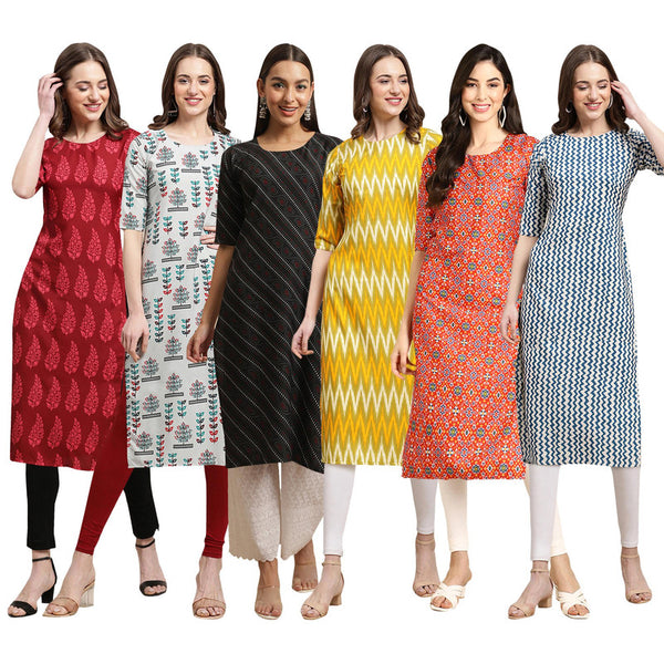 STYLISH CREPE MULTICOLOR PRINTED STRAIGHT SET OF 6 COMBO KURTA 337-340-385-329-365-331