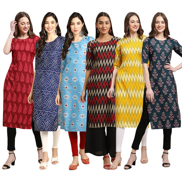 STYLISH CREPE MULTICOLOR PRINTED STRAIGHT SET OF 6 COMBO KURTA 337-366-361-382-329-335