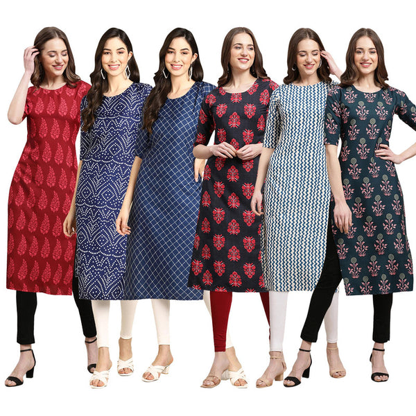 STYLISH CREPE MULTICOLOR PRINTED STRAIGHT SET OF 6 COMBO KURTA 337-366-364-345-331-335