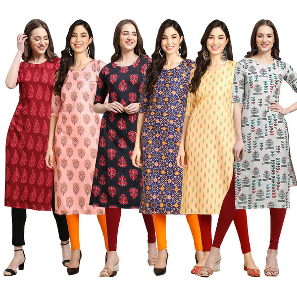 STYLISH CREPE MULTICOLOR PRINTED STRAIGHT SET OF 6 COMBO KURTA 337-368-345-369-360-340