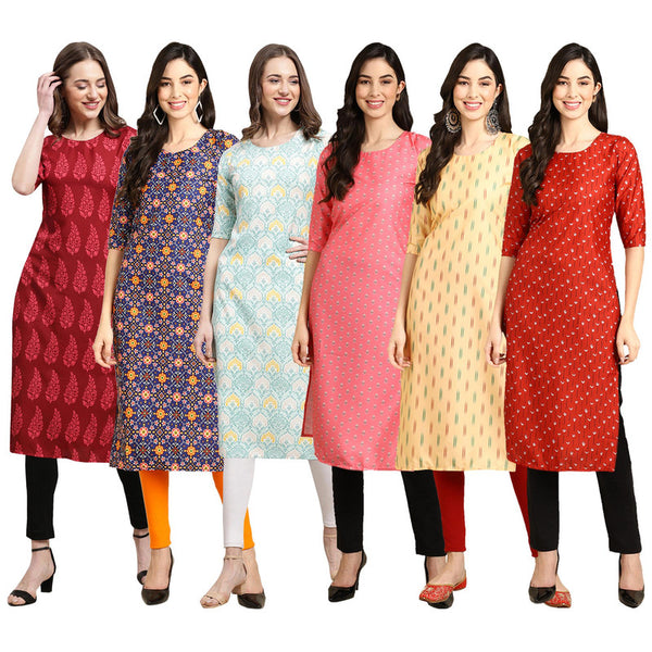 STYLISH CREPE MULTICOLOR PRINTED STRAIGHT SET OF 6 COMBO KURTA 337-369-343-371-360-370