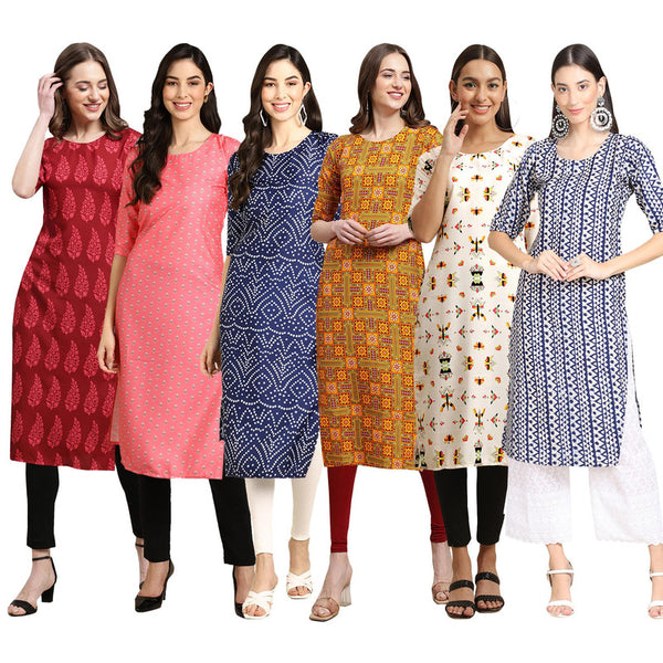 STYLISH CREPE MULTICOLOR PRINTED STRAIGHT SET OF 6 COMBO KURTA 337-371-366-333-386-348