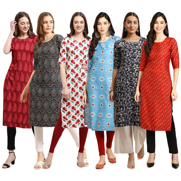 STYLISH CREPE MULTICOLOR PRINTED STRAIGHT SET OF 6 COMBO KURTA 337-373-342-361-388-370