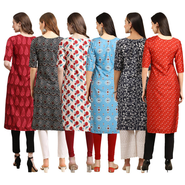 STYLISH CREPE MULTICOLOR PRINTED STRAIGHT SET OF 6 COMBO KURTA 337-373-342-361-388-370