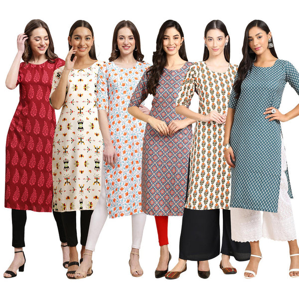 STYLISH CREPE MULTICOLOR PRINTED STRAIGHT SET OF 6 COMBO KURTA 337-386-334-372-352-351