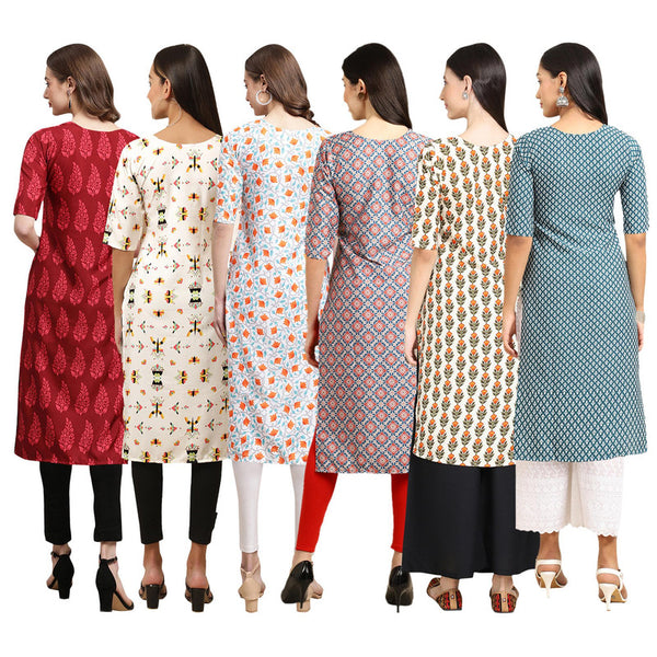 STYLISH CREPE MULTICOLOR PRINTED STRAIGHT SET OF 6 COMBO KURTA 337-386-334-372-352-351