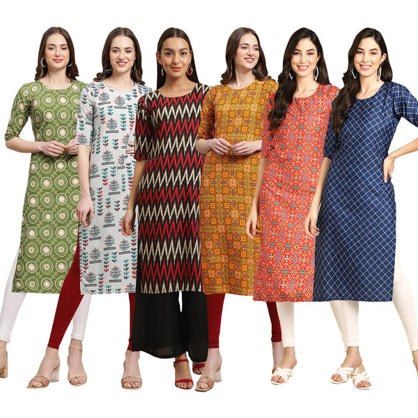 STYLISH CREPE MULTICOLOR PRINTED STRAIGHT SET OF 6 COMBO KURTA 338-340-382-333-365-364