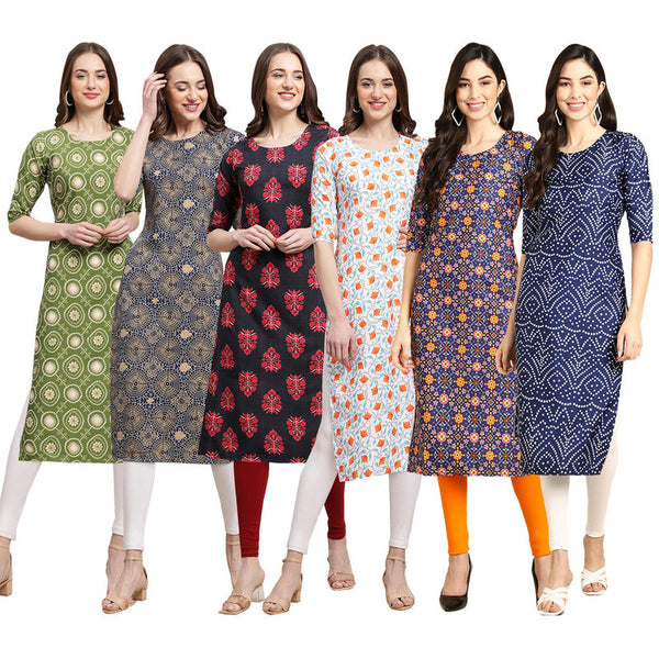 STYLISH CREPE MULTICOLOR PRINTED STRAIGHT SET OF 6 COMBO KURTA 338-341-345-334-369-366