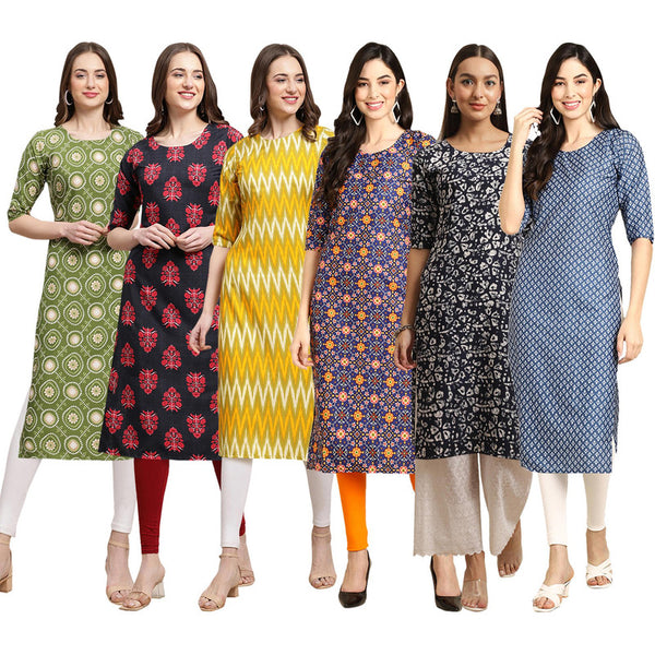 STYLISH CREPE MULTICOLOR PRINTED STRAIGHT SET OF 6 COMBO KURTA 338-345-329-369-388-367