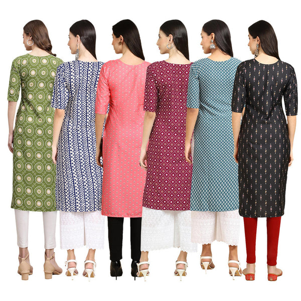 STYLISH CREPE MULTICOLOR PRINTED STRAIGHT SET OF 6 COMBO KURTA 338-348-371-355-351-359