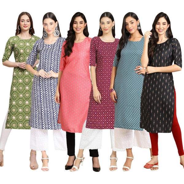 STYLISH CREPE MULTICOLOR PRINTED STRAIGHT SET OF 6 COMBO KURTA 338-348-371-355-351-359