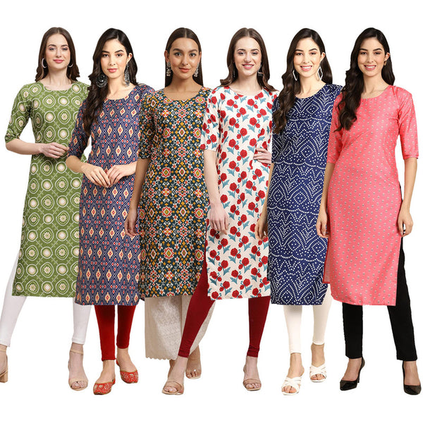 STYLISH CREPE MULTICOLOR PRINTED STRAIGHT SET OF 6 COMBO KURTA 338-358-383-342-366-371