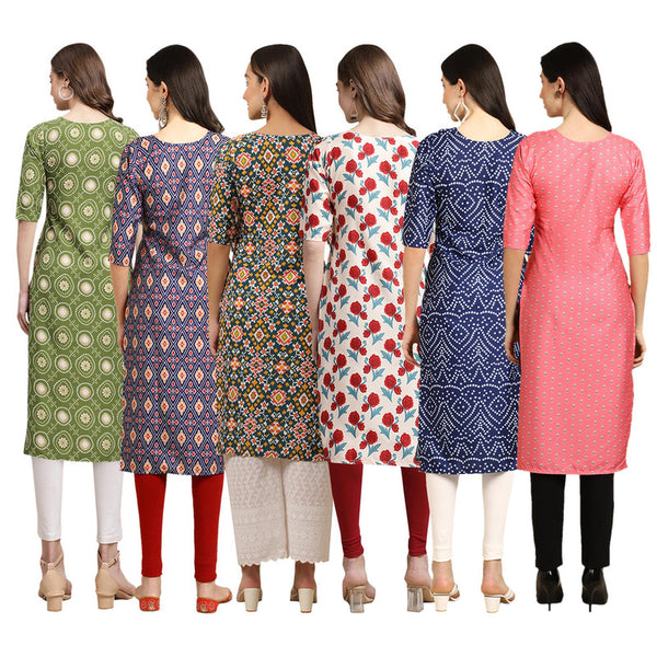 STYLISH CREPE MULTICOLOR PRINTED STRAIGHT SET OF 6 COMBO KURTA 338-358-383-342-366-371