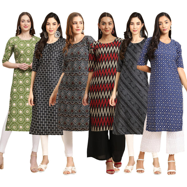 STYLISH CREPE MULTICOLOR PRINTED STRAIGHT SET OF 6 COMBO KURTA 338-362-373-382-363-353