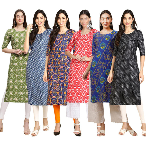 STYLISH CREPE MULTICOLOR PRINTED STRAIGHT SET OF 6 COMBO KURTA 338-367-369-346-391-363