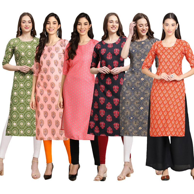 STYLISH CREPE MULTICOLOR PRINTED STRAIGHT SET OF 6 COMBO KURTA 338-368-371-345-341-354