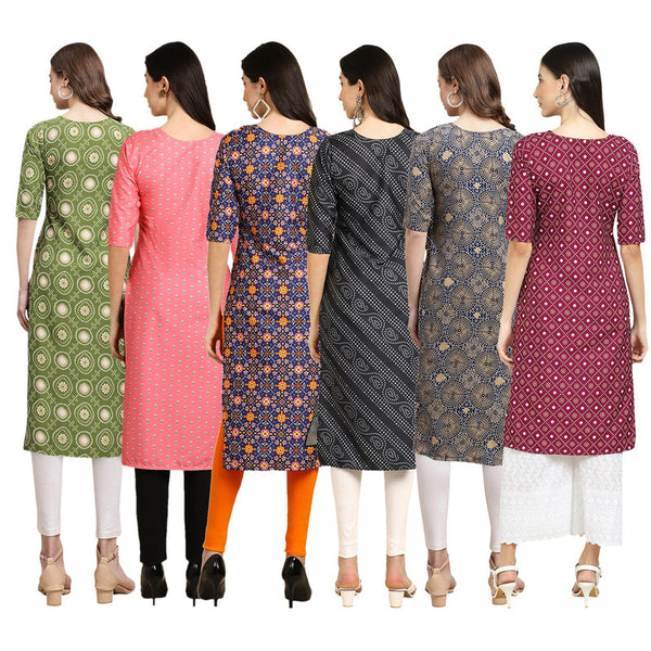 STYLISH CREPE MULTICOLOR PRINTED STRAIGHT SET OF 6 COMBO KURTA 338-371-369-363-341-355