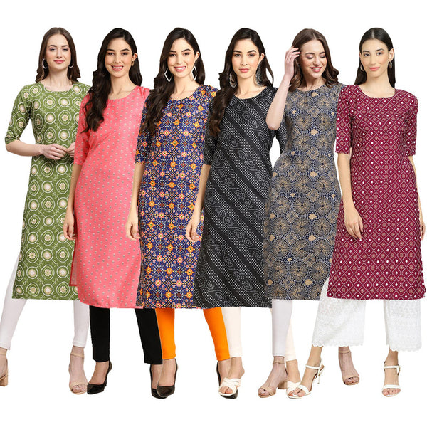 STYLISH CREPE MULTICOLOR PRINTED STRAIGHT SET OF 6 COMBO KURTA 338-371-369-363-341-355