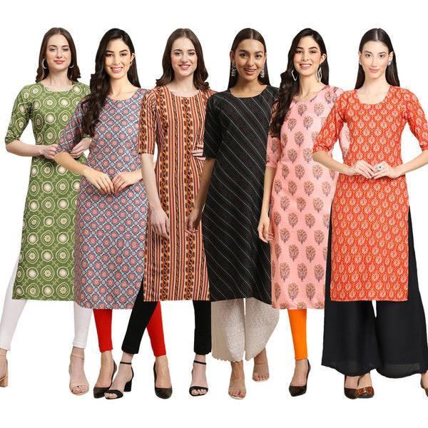 STYLISH CREPE MULTICOLOR PRINTED STRAIGHT SET OF 6 COMBO KURTA 338-372-344-385-368-354