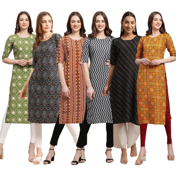 STYLISH CREPE MULTICOLOR PRINTED STRAIGHT SET OF 6 COMBO KURTA 338-373-344-336-385-333