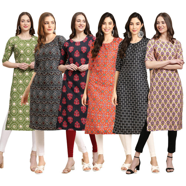 STYLISH CREPE MULTICOLOR PRINTED STRAIGHT SET OF 6 COMBO KURTA 338-373-345-365-362-332