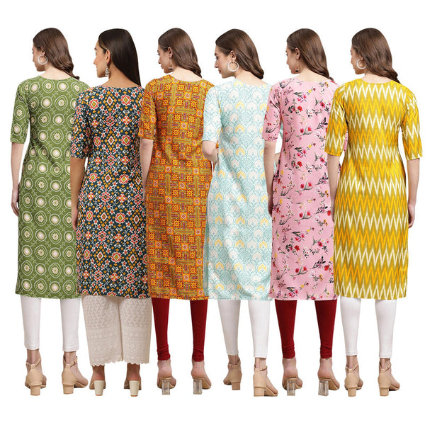 STYLISH CREPE MULTICOLOR PRINTED STRAIGHT SET OF 6 COMBO KURTA 338-383-333-343-339-329