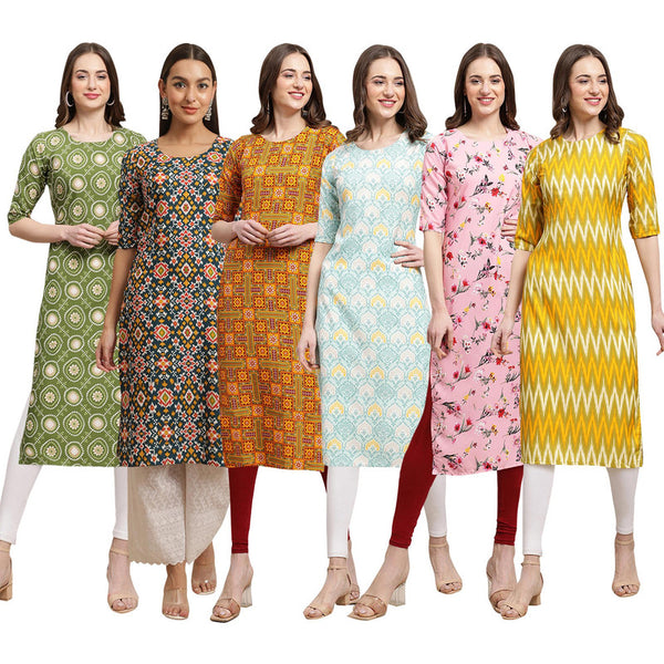 STYLISH CREPE MULTICOLOR PRINTED STRAIGHT SET OF 6 COMBO KURTA 338-383-333-343-339-329