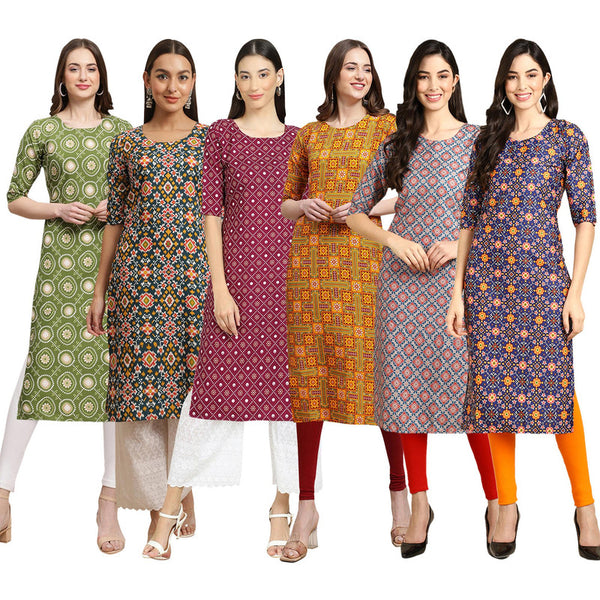 STYLISH CREPE MULTICOLOR PRINTED STRAIGHT SET OF 6 COMBO KURTA 338-383-355-333-372-369