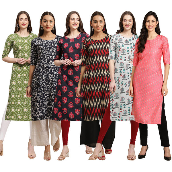 STYLISH CREPE MULTICOLOR PRINTED STRAIGHT SET OF 6 COMBO KURTA 338-388-345-382-340-371