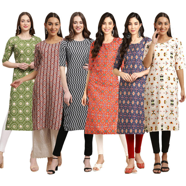 STYLISH CREPE MULTICOLOR PRINTED STRAIGHT SET OF 6 COMBO KURTA 338-389-336-365-358-386