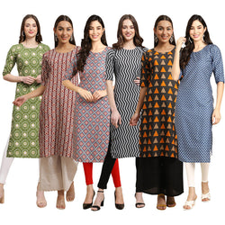 STYLISH CREPE MULTICOLOR PRINTED STRAIGHT SET OF 6 COMBO KURTA 338-389-372-336-387-367