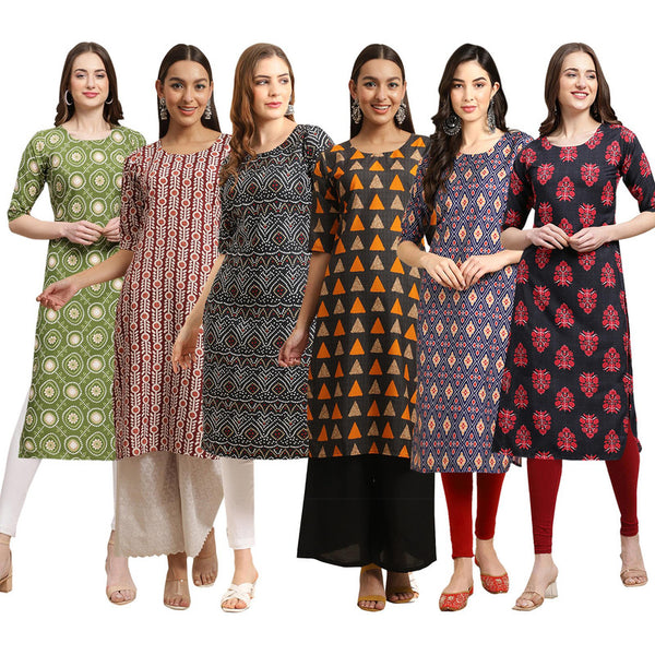 STYLISH CREPE MULTICOLOR PRINTED STRAIGHT SET OF 6 COMBO KURTA 338-389-373-387-358-345