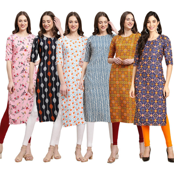 STYLISH CREPE MULTICOLOR PRINTED STRAIGHT SET OF 6 COMBO KURTA 339-330-334-331-333-369