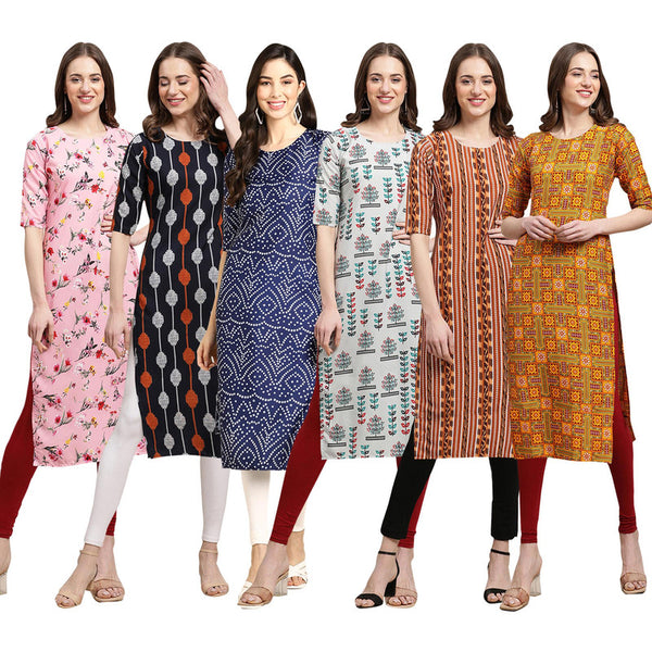 STYLISH CREPE MULTICOLOR PRINTED STRAIGHT SET OF 6 COMBO KURTA 339-330-366-340-344-333