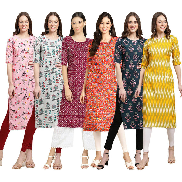 STYLISH CREPE MULTICOLOR PRINTED STRAIGHT SET OF 6 COMBO KURTA 339-340-355-365-335-329