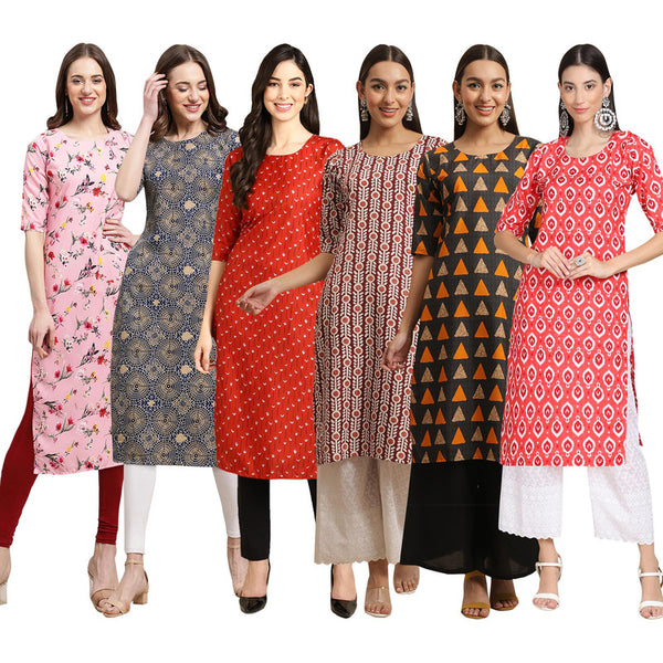 STYLISH CREPE MULTICOLOR PRINTED STRAIGHT SET OF 6 COMBO KURTA 339-341-370-389-387-346