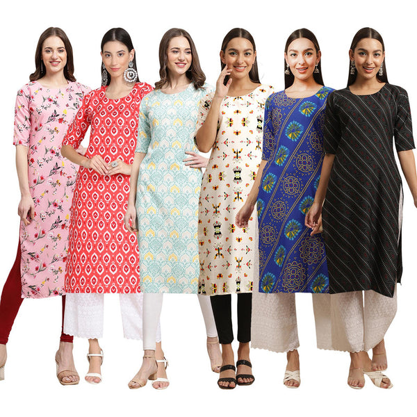 STYLISH CREPE MULTICOLOR PRINTED STRAIGHT SET OF 6 COMBO KURTA 339-346-343-386-391-385