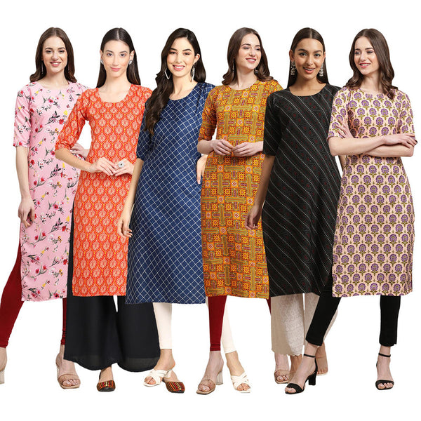 STYLISH CREPE MULTICOLOR PRINTED STRAIGHT SET OF 6 COMBO KURTA 339-354-364-333-385-332