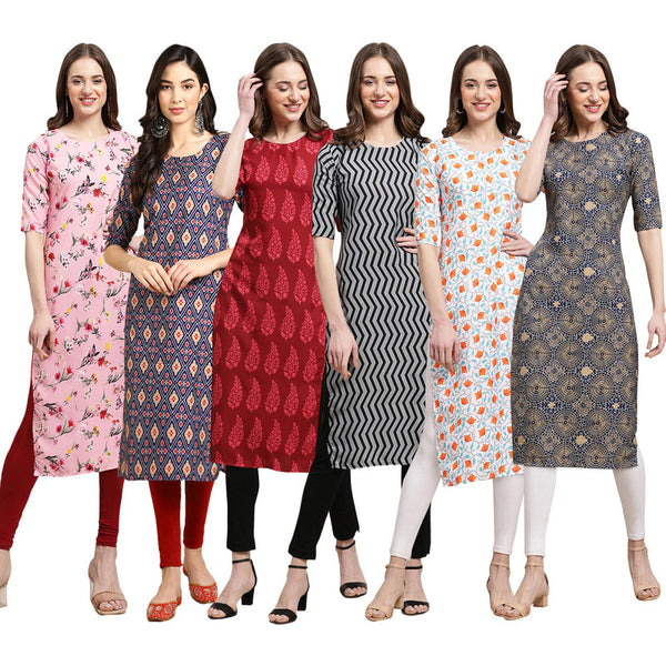 STYLISH CREPE MULTICOLOR PRINTED STRAIGHT SET OF 6 COMBO KURTA 339-358-337-336-334-341