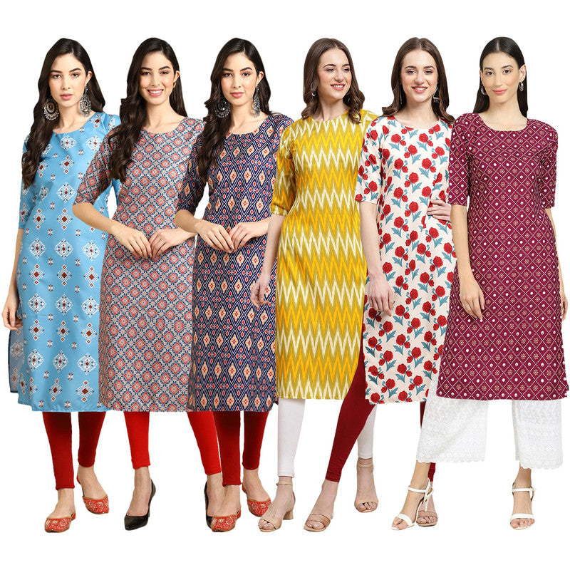 STYLISH CREPE MULTICOLOR PRINTED STRAIGHT SET OF 6 COMBO KURTA 361-372-358-329-342-355