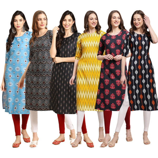 STYLISH CREPE MULTICOLOR PRINTED STRAIGHT SET OF 6 COMBO KURTA 361-373-359-329-345-330