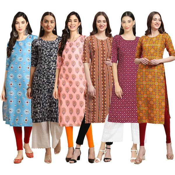 STYLISH CREPE MULTICOLOR PRINTED STRAIGHT SET OF 6 COMBO KURTA 361-388-368-344-355-333