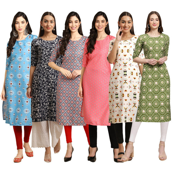 STYLISH CREPE MULTICOLOR PRINTED STRAIGHT SET OF 6 COMBO KURTA 361-388-372-371-386-338