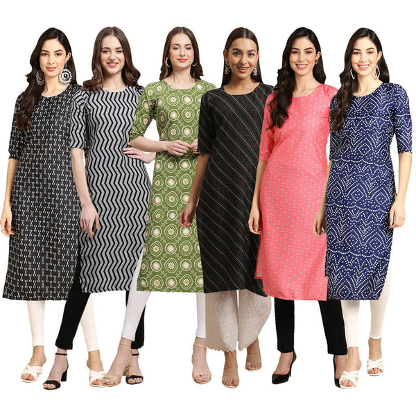 STYLISH CREPE MULTICOLOR PRINTED STRAIGHT SET OF 6 COMBO KURTA 362-336-338-385-371-366